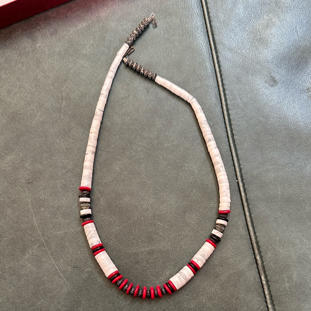 Elegant Red and White Heshi Beaded Necklace
